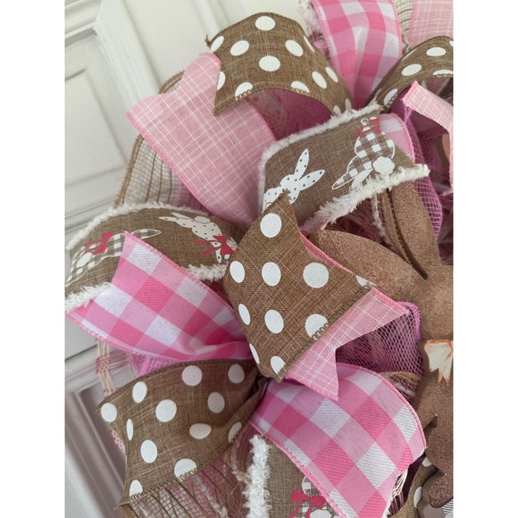 Beige Pink Welcome Easter Bunny Rabbit Mesh Ribbon Spring Wreath Door Hanger - Picture 4 of 7